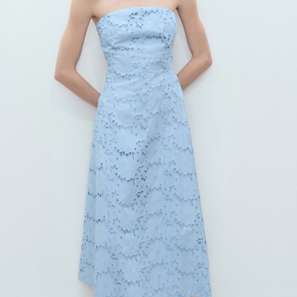 MANGO English Embroidered Strapless Dress - blue